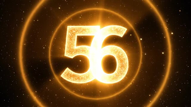 New Year's Eve Countdown, a digital display shows the number 56 in bright, golden light with circular rings against a dark background, creating a festive and