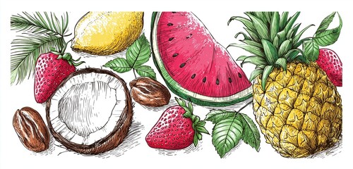 Illustration of a vibrant assortment of fruits including coconut watermelon and pineapple artful design
