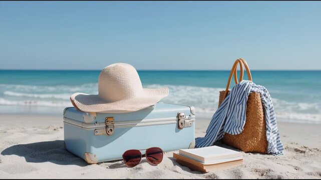 Vacation suitcase and straw hat on sunny beach as travel items for summer relaxation and holiday escape footage.
