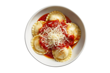 Delicious ravioli with tomato sauce and cheese isolated on transparent background