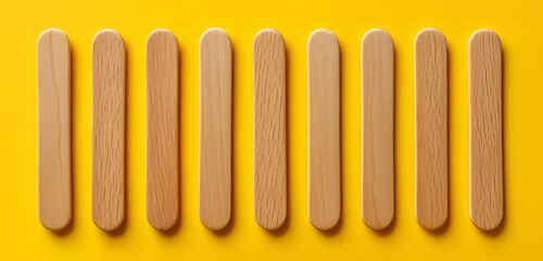 A top down view of nine wooden popsicle sticks aligned on a bright yellow surface in a studio shot