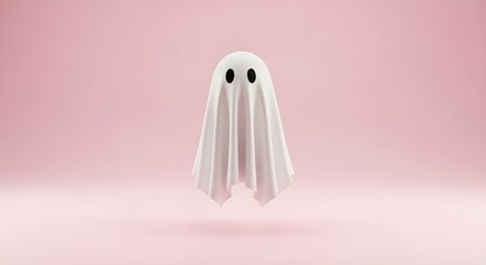 Cute Ghost Figure Covered in White Sheet on Pink Background Minimal Halloween Concept