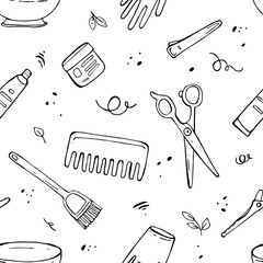 Seamless pattern with hairdressing tools, scissors, combs. Accessories for hairdressers in black color. Doodle vector illustration for textiles and design