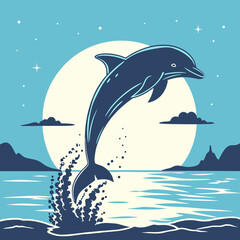 A dolphin leaps from the ocean against a backdrop of a full moon