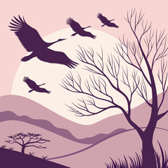 A serene landscape with cranes flying over hills and a bare tree