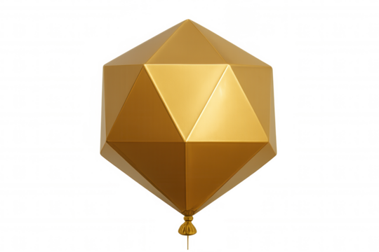 Golden icosahedron balloon floating against a transparent background, glossy geometric polygonal shape for celebration