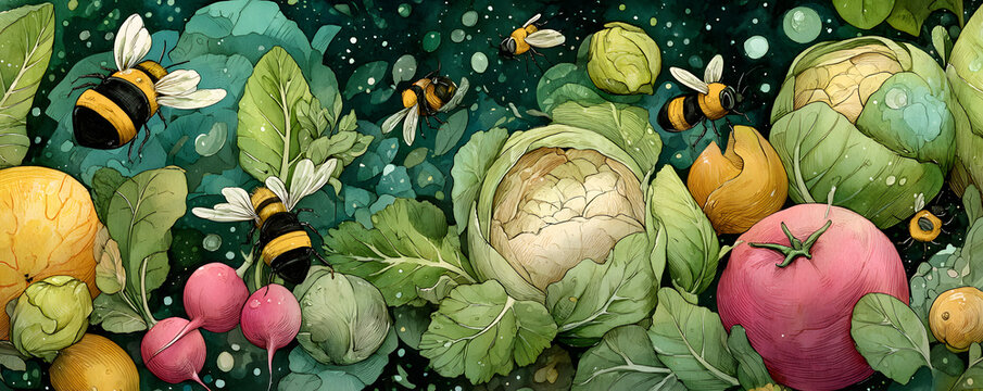 Whimsical watercolor illustration of fresh vegetables and buzzing bees in a vibrant garden setting, perfect for food themes. watercolor Style