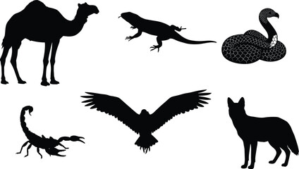 Silhouette desert and wildlife animals including camel, lizard, snake, scorpion, bird, and fox illustration for nature, fauna, and ecosystem design