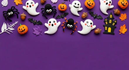 Obraz premium Festive halloween decorations featuring ghosts pumpkins and spiders on purple background