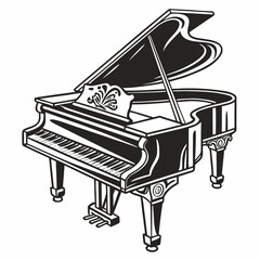 Detailed illustration of a grand piano in black and white