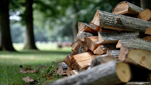 Firewood is being neatly stacked in an outdoor area, preparing for the colder months ahead in a peaceful green environment