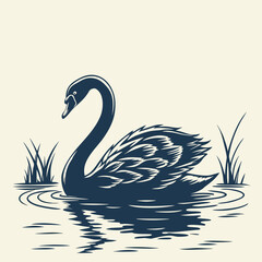 Silhouette of a black swan swimming in the water