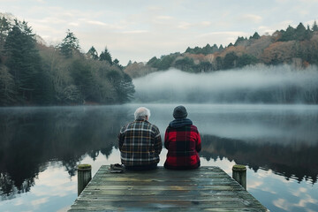 Couple sits on a wooden dock, reflecting on a misty lake