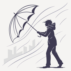 Silhouette of a person holding an umbrella in the wind with city buildings