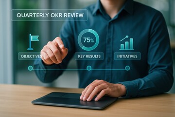 Fototapeta premium Quarterly okr review meeting corporate office business presentation professional environment close-up view performance evaluation
