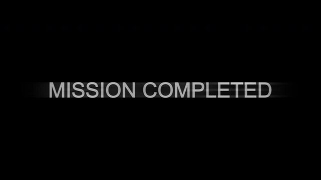 Mission completed text in black background. Perfect for business presentations, achievement announcements, project completion memos, or task accomplishment celebrations. Glitch Effect