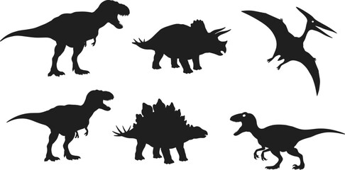Silhouette dinosaurs including Tyrannosaurus rex, Stegosaurus, Pteranodon, and Velociraptor illustration for prehistoric wildlife, Jurassic era, fossil science, ancient reptile, and nature design © Asad Creative
