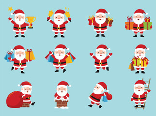 Cute Santa Claus cartoon collection with gifts, shopping bags, Christmas decorations, festive holiday illustration, merry Christmas celebration artwork