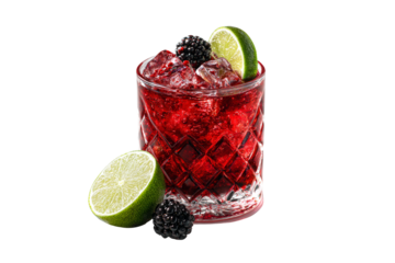 Refreshing blackberry lime cocktail with ice isolated on transparent background