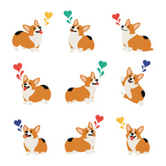 Various cute corgi dogs expressing their affection with colorful hearts floating above their heads.