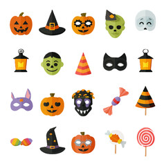 Naklejka premium Flat vector Halloween party icons including masks, lanterns, party hats and candy. Minimal style isolated on white.