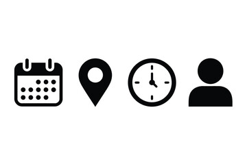 Icons representing date, location, time, and a person, symbolizing planning and organization