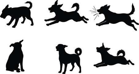 Silhouette dogs running jumping standing playful poses, cartoon style vector illustration, domestic pets activity, animal behavior design, black dog artwork