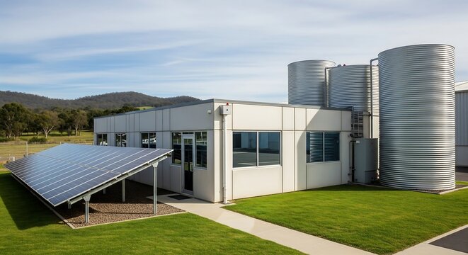 Symbol of sustainable growth: solar panels and water tanks beside a small manufacturing plant