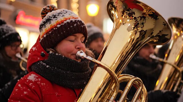 New Year's Eve Countdown: Close-up of a female musician playing a tuba in an outdoor winter scene, with bokeh lights and a festive mood.