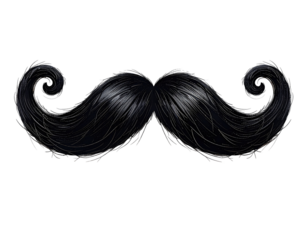 Detailed illustration of a large, ornate handlebar mustache.  Black, curly, thick, and flowing.  Intricate design,  with highlights,  emphasizing the texture and shape of the hair