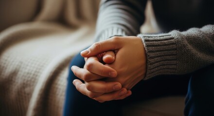 Close-up of caucasian adult with clasped hands in cozy knit sweater