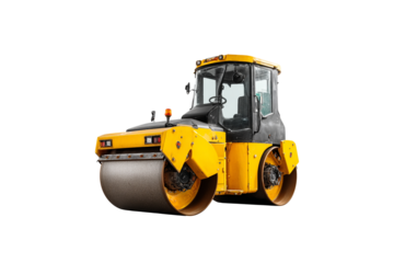 Yellow road roller construction vehicle isolated on transparent background