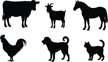Silhouette farm animals including cow goat rooster dog cats livestock domestic pets agriculture vector illustration design concept rural lifestyle art