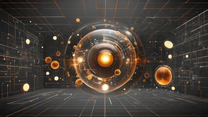 Futuristic glowing orb in a dark digital environment with abstract particles.