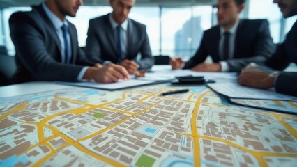 Business people analyzing city map for urban development project.