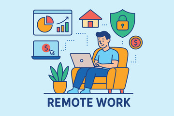 Man working remotely from home on a laptop with business and security icons