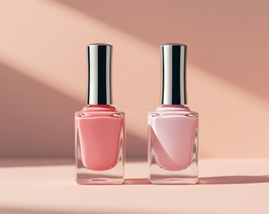pink nail polish bottle, duo of two colors for nails content, fashion and makeup