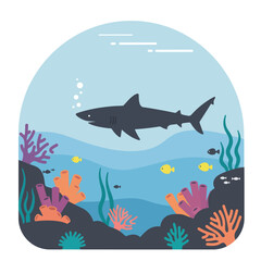 Obraz premium Dark Shark Silhouette Swimming Above Colorful Coral Reefs in Blue Ocean.