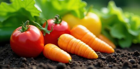 Close-up shot of ripe vegetables in garden bed , tomato, roots, sunlight