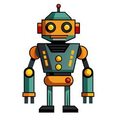 Whimsical cartoon robot character with retro charm and bold outlines, perfect for children's books or playful technology branding with a friendly, approachable design, futuristic toy