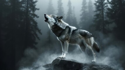 Naklejka premium Majestic Wolf Howling in Misty Forest at Night.