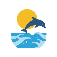 Fototapeta premium Playful Blue Dolphin Leaping Out of Ocean Waves with Yellow Sun.