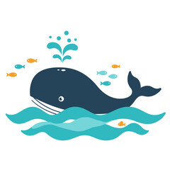 Naklejka premium Playful Cartoon Whale with Water Spout, Swimming in Turquoise Ocean Waves.