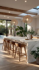 Fototapeta premium Serene Kitchen Design: A modern kitchen design features a spacious marble island with seating, complemented by natural wood accents, abundant light, and lush greenery.