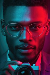 Stylish young man with glasses, capturing his own creative self-portrait.