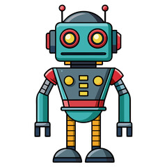 Friendly cartoon robot ready for adventure, a vintage style character perfect for kids' stories, futuristic designs, and playful tech concepts, a charming design
