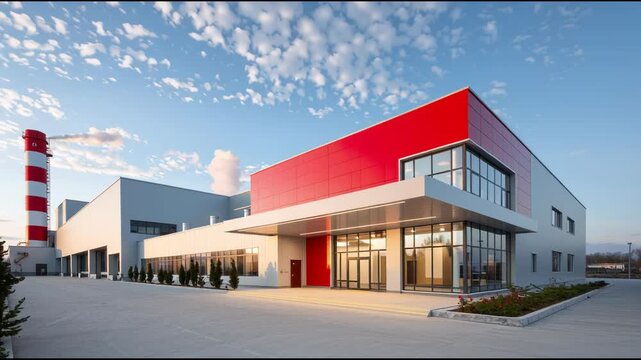 Modern factory building exterior with red details and tall striped smokestack. Industrial architecture design for manufacturing company.