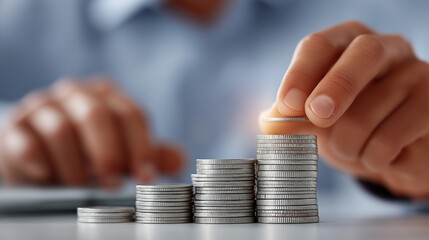 Building Wealth: A person carefully stacks coins, symbolizing the diligent accumulation and strategic growth of finances and the potential for financial success.