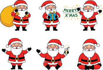 Cute Santa Claus cartoon collection with gifts, Christmas bag, festive holiday celebration, merry Christmas artwork, happy new year illustration