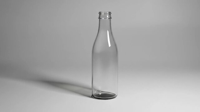 A clear glass bottle stands on a plain surface casting a soft shadow
